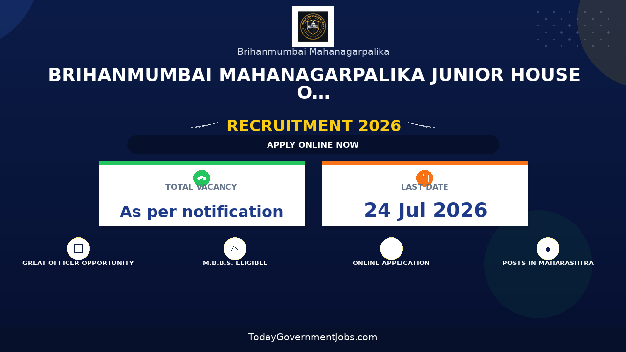 Brihanmumbai Mahanagarpalika Junior House Officer Recruitment 2026 - Apply Offline