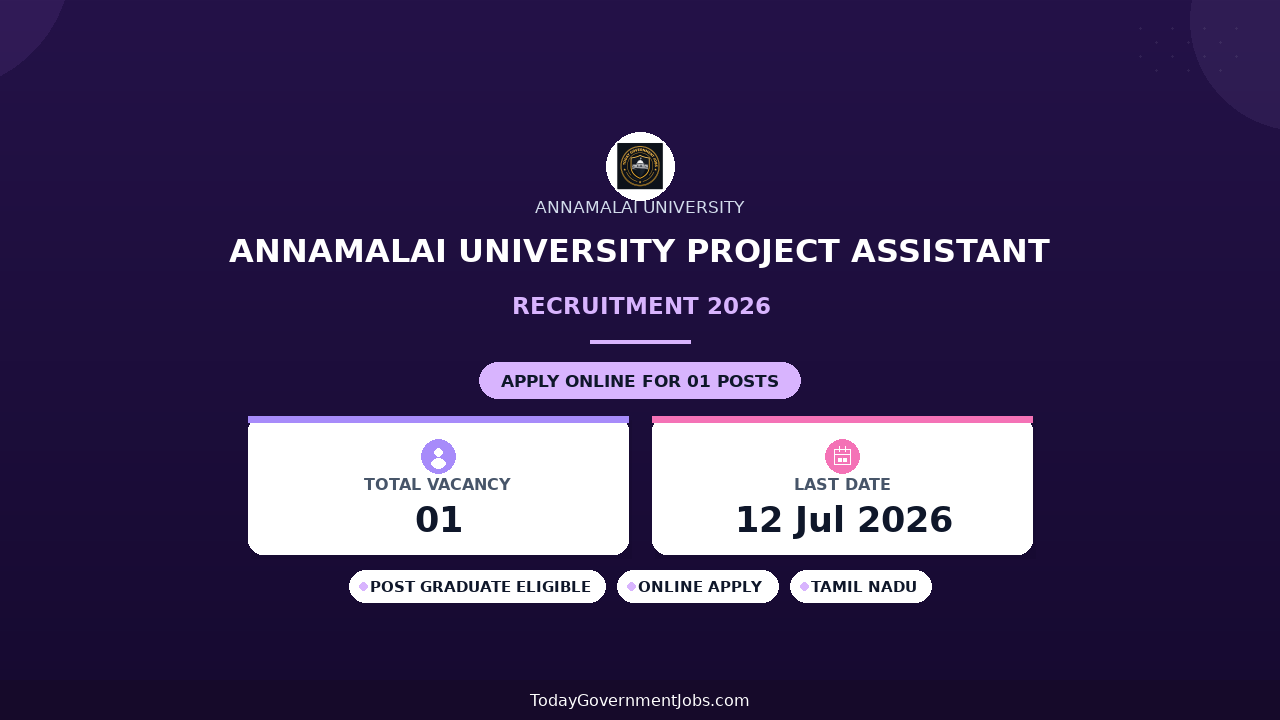 Annamalai University Project Assistant Recruitment 2026 - Apply Online