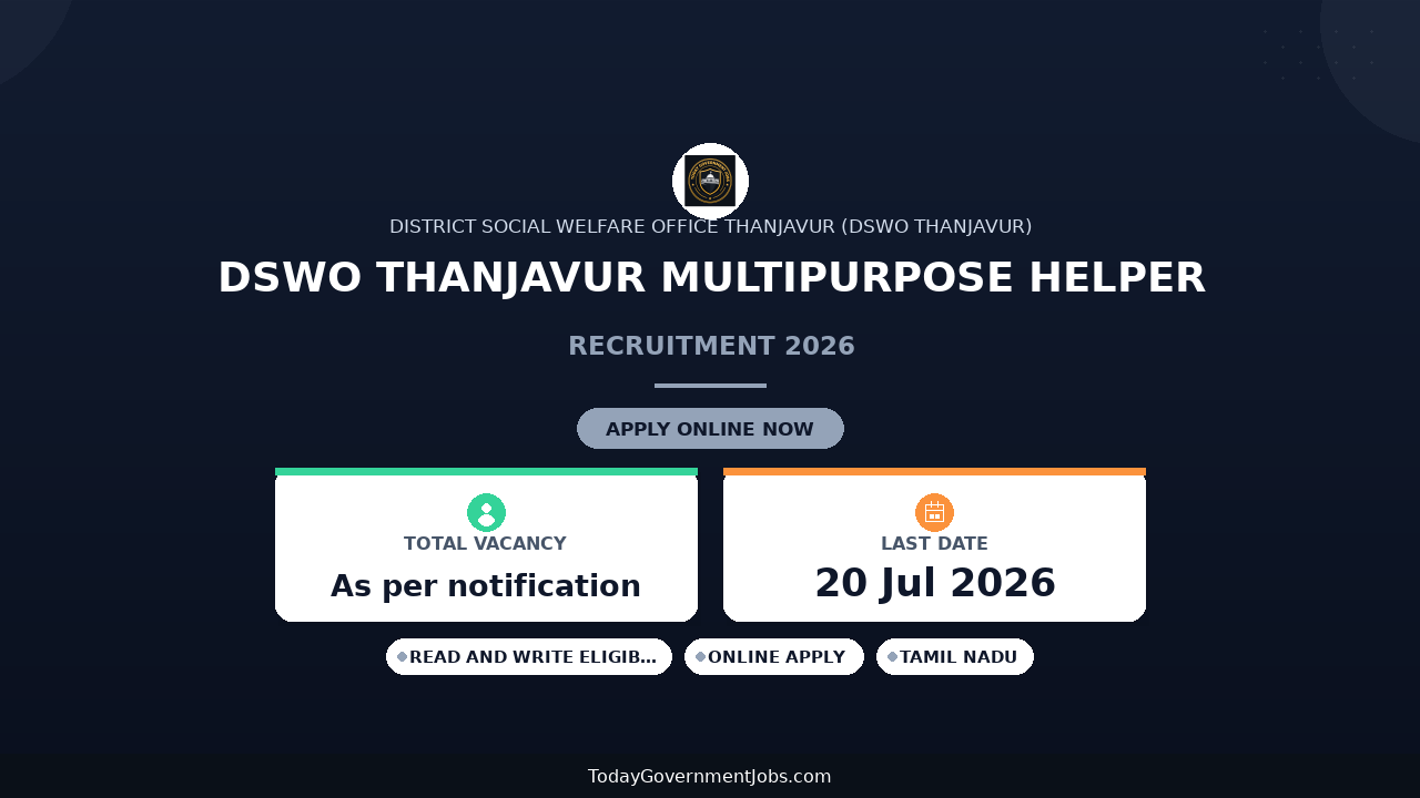 DSWO Thanjavur Multipurpose Helper Recruitment 2026 - Apply Offline