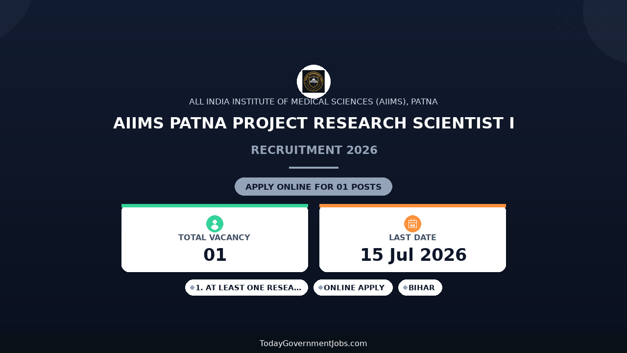 AIIMS Patna Project Research Scientist I Recruitment 2026 - Apply Offline