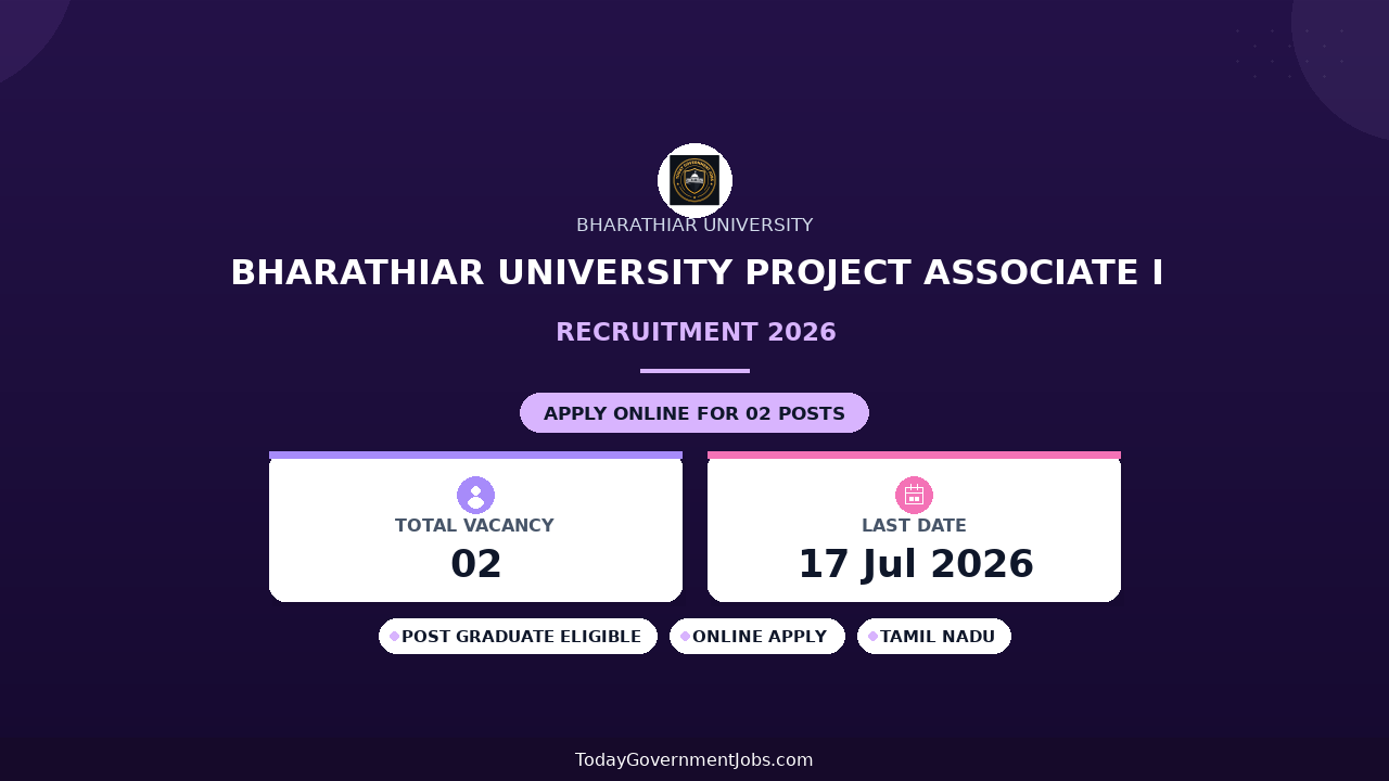 Bharathiar University Project Associate I Recruitment 2026 - Apply Offline