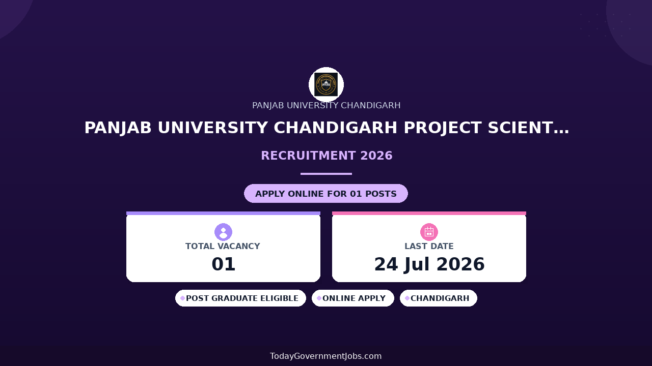 Panjab University Chandigarh Project Scientist I Recruitment 2026 - Apply Offline