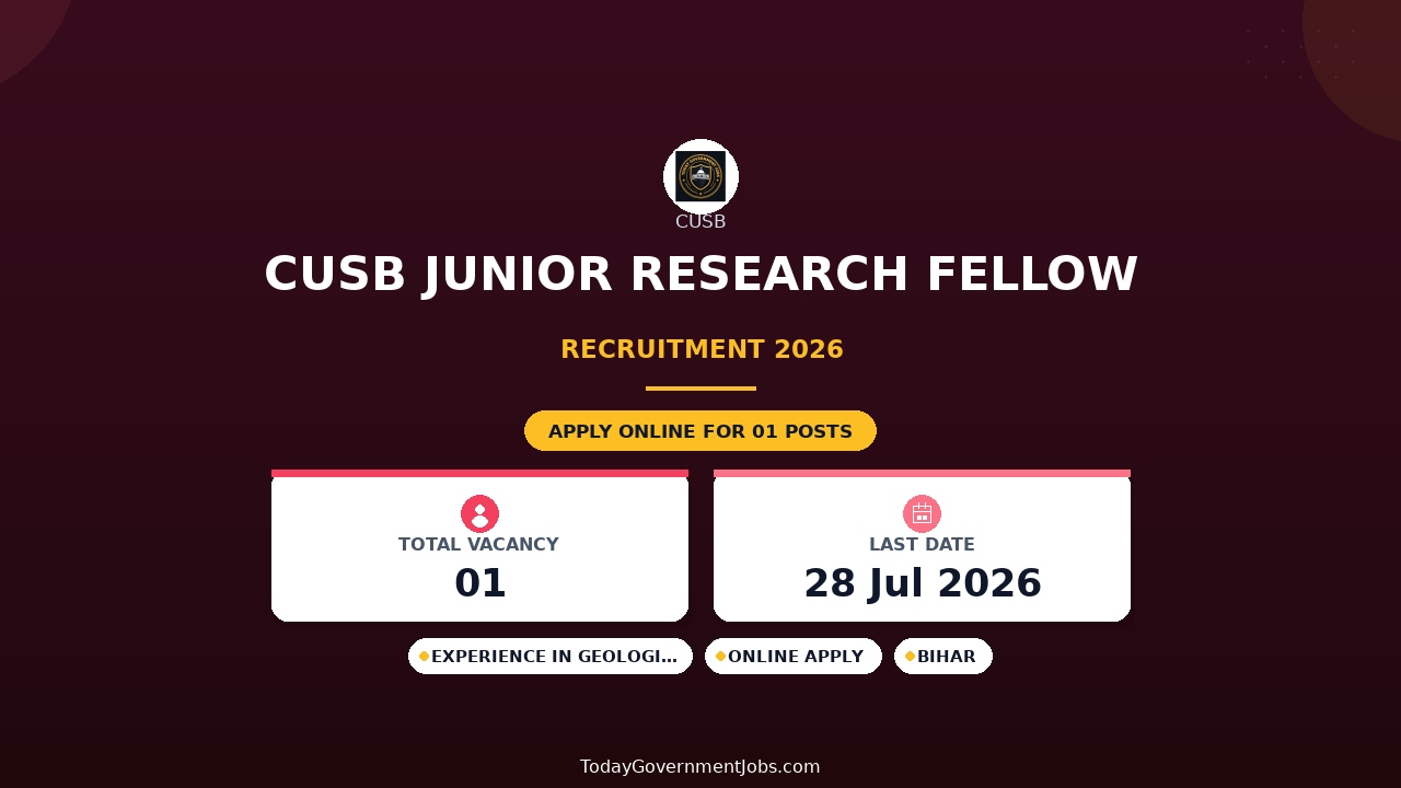 CUSB Junior Research Fellow Recruitment 2026 - Apply Online