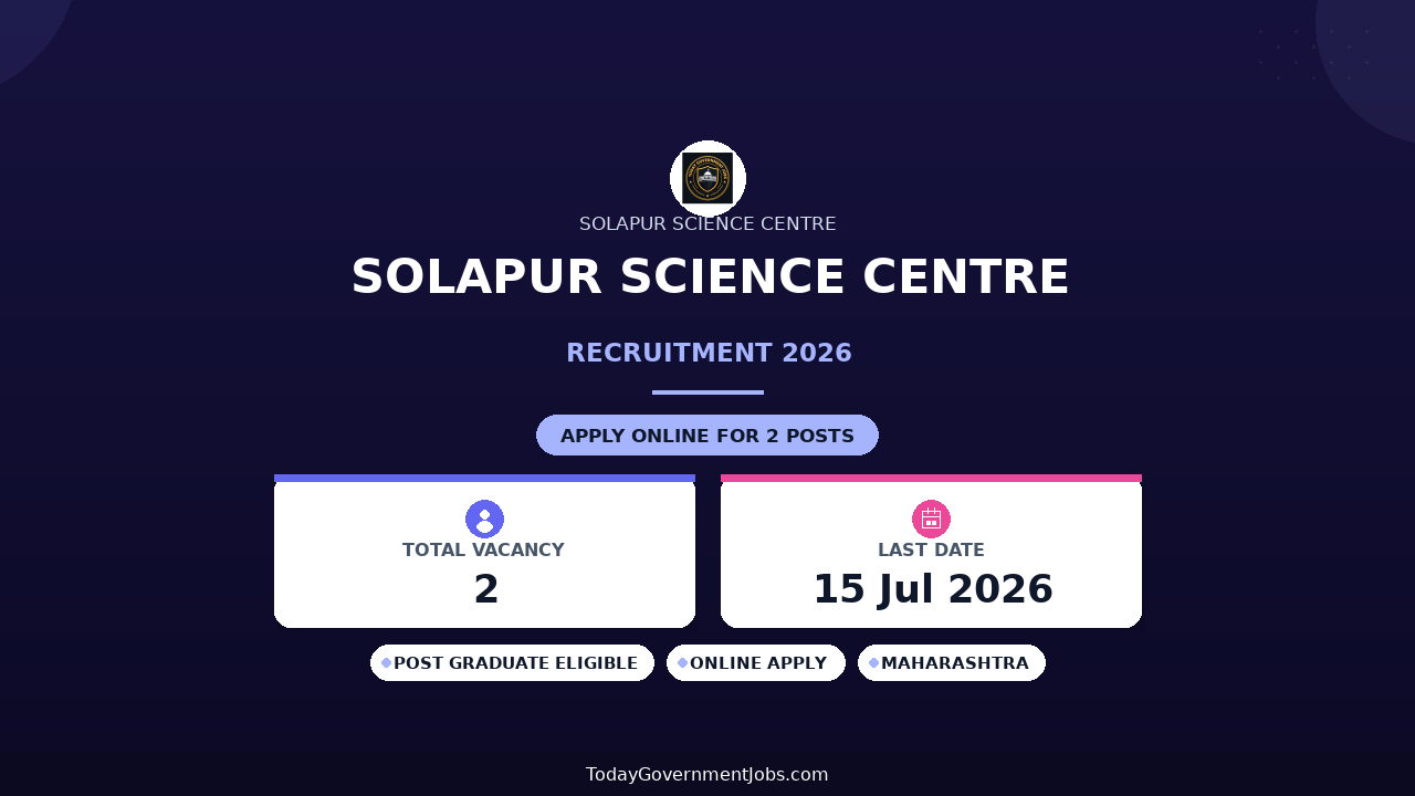 Solapur Science Centre Recruitment 2026 - Apply Online for Chief Mentor and Technician Posts