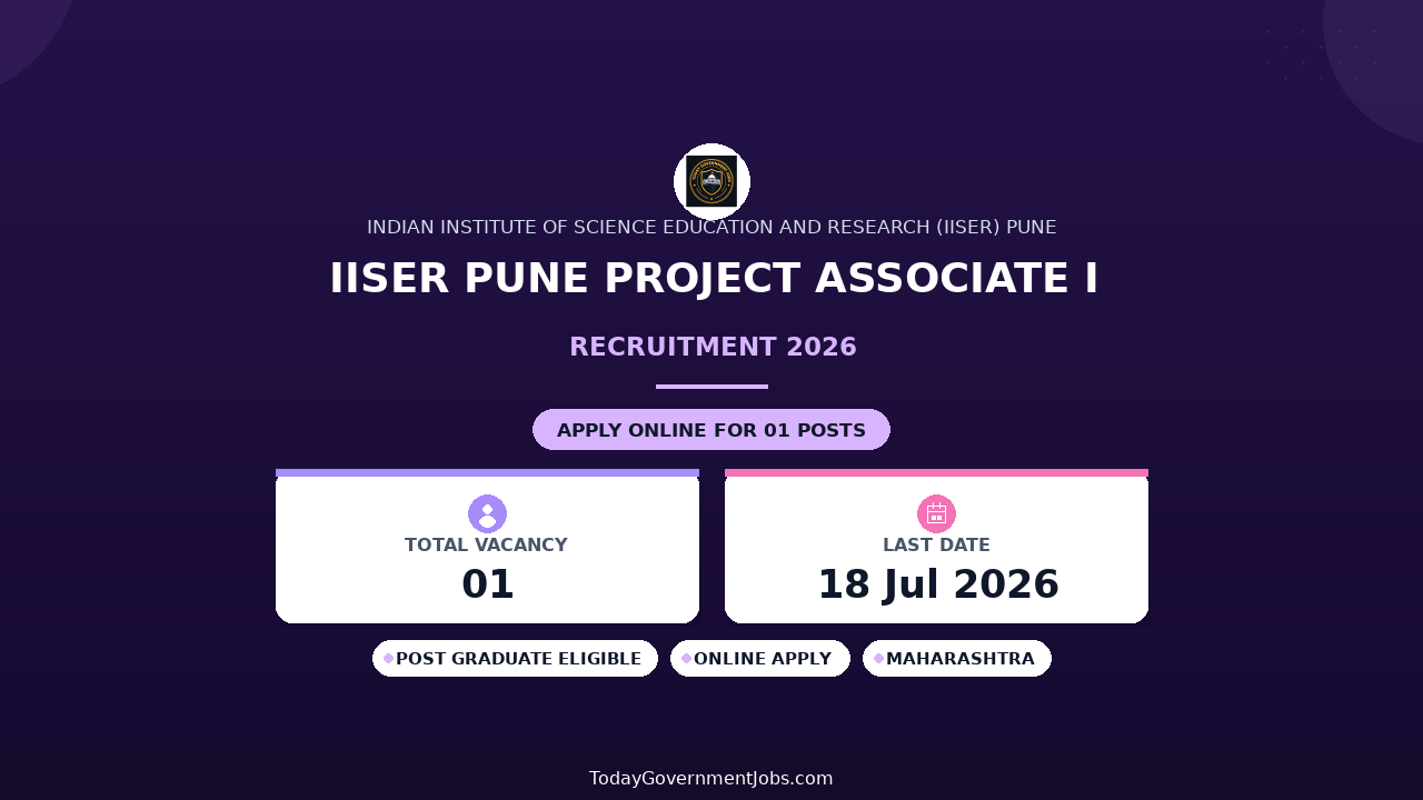 IISER Pune Project Associate I Recruitment 2026 - Apply Online
