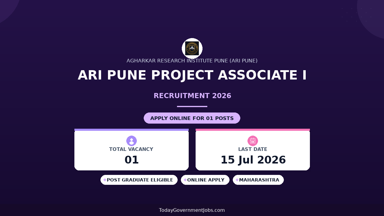 ARI Pune Project Associate I Recruitment 2026 - Apply Online