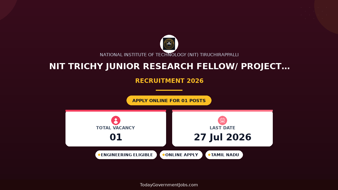 NIT Trichy Junior Research Fellow/ Project Associate I Recruitment 2026 - Apply Online