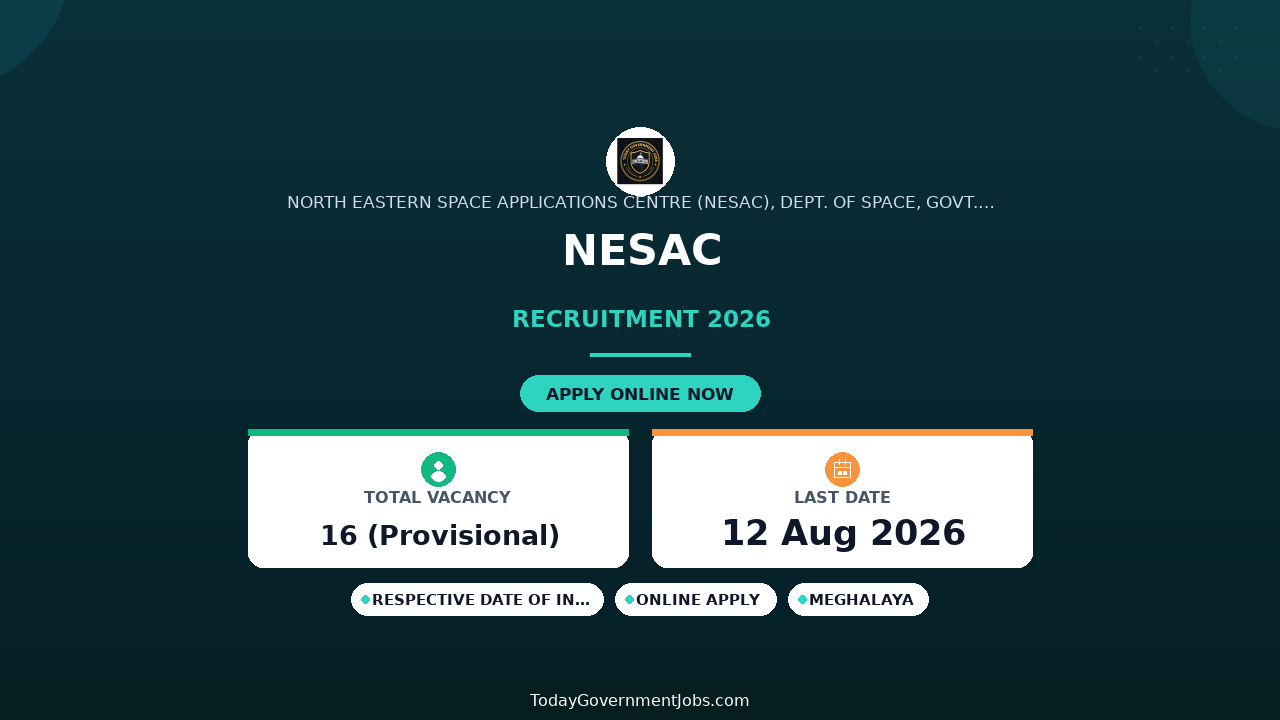 NESAC Recruitment 2026 – Walk in for 16 Research Scientist, Junior Research Fellow and Project Associate Posts