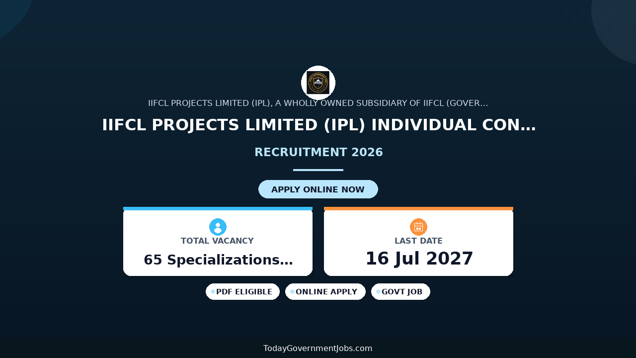 IIFCL Projects Limited (IPL) Individual Consultants Recruitment 2026: 65 Specializations, Apply on Rolling Basis