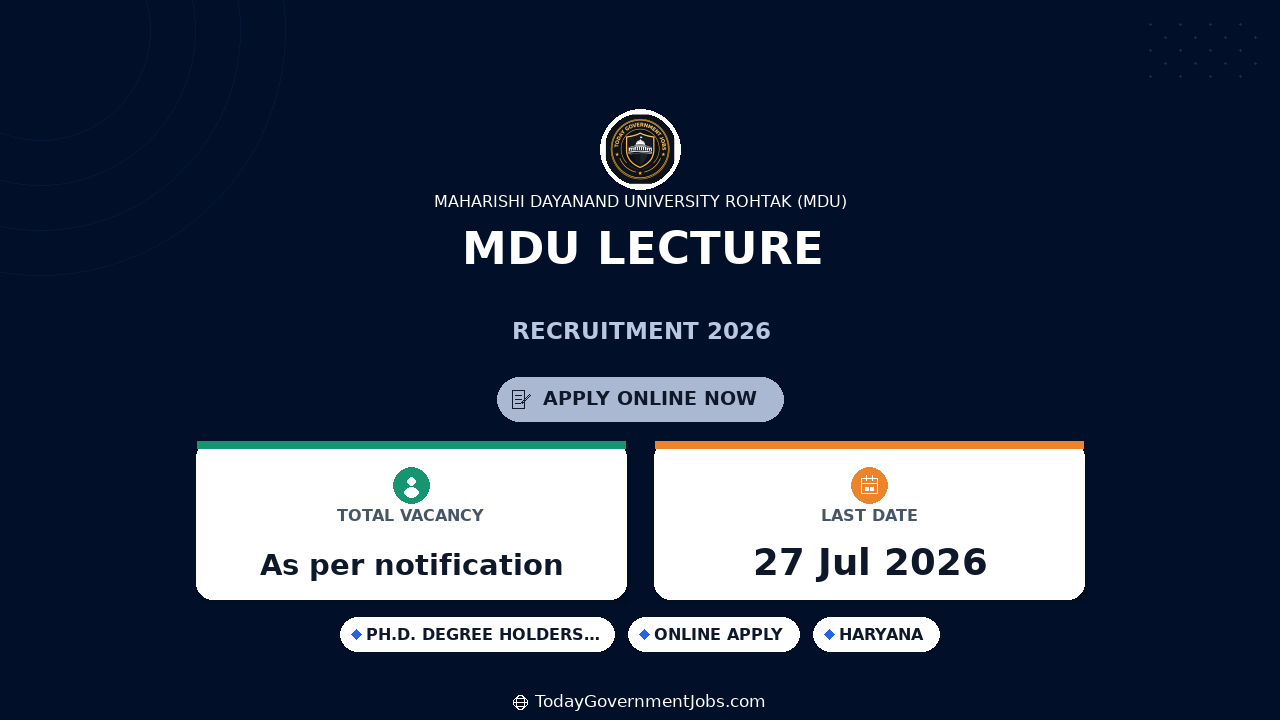 MDU Lecture Recruitment 2026 - Apply Offline