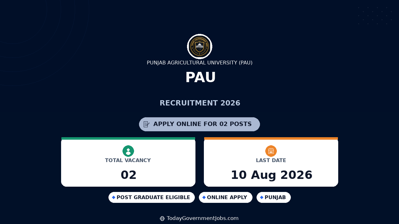 PAU Recruitment 2026 - Research Associate & JRF Apply