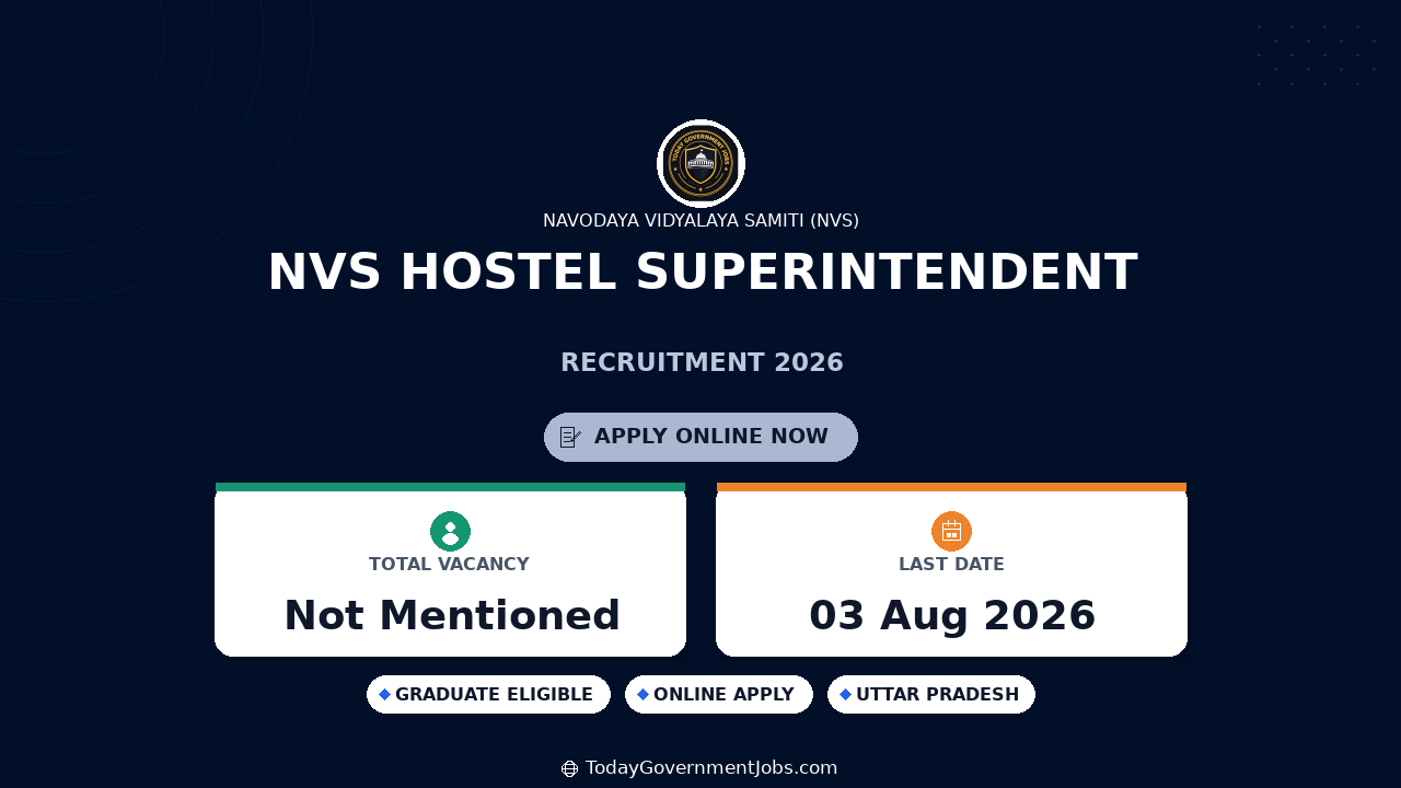 NVS Hostel Superintendent Recruitment 2026 Apply Online
