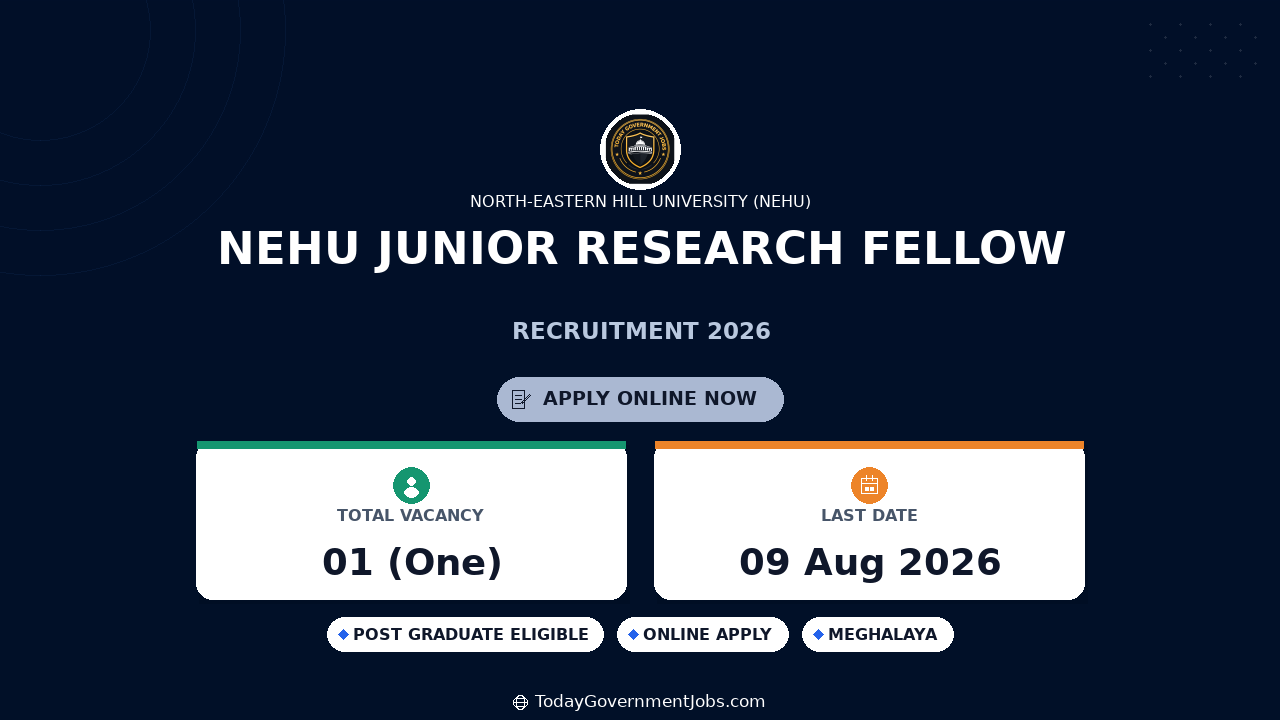 NEHU Junior Research Fellow Recruitment 2026 Apply Online