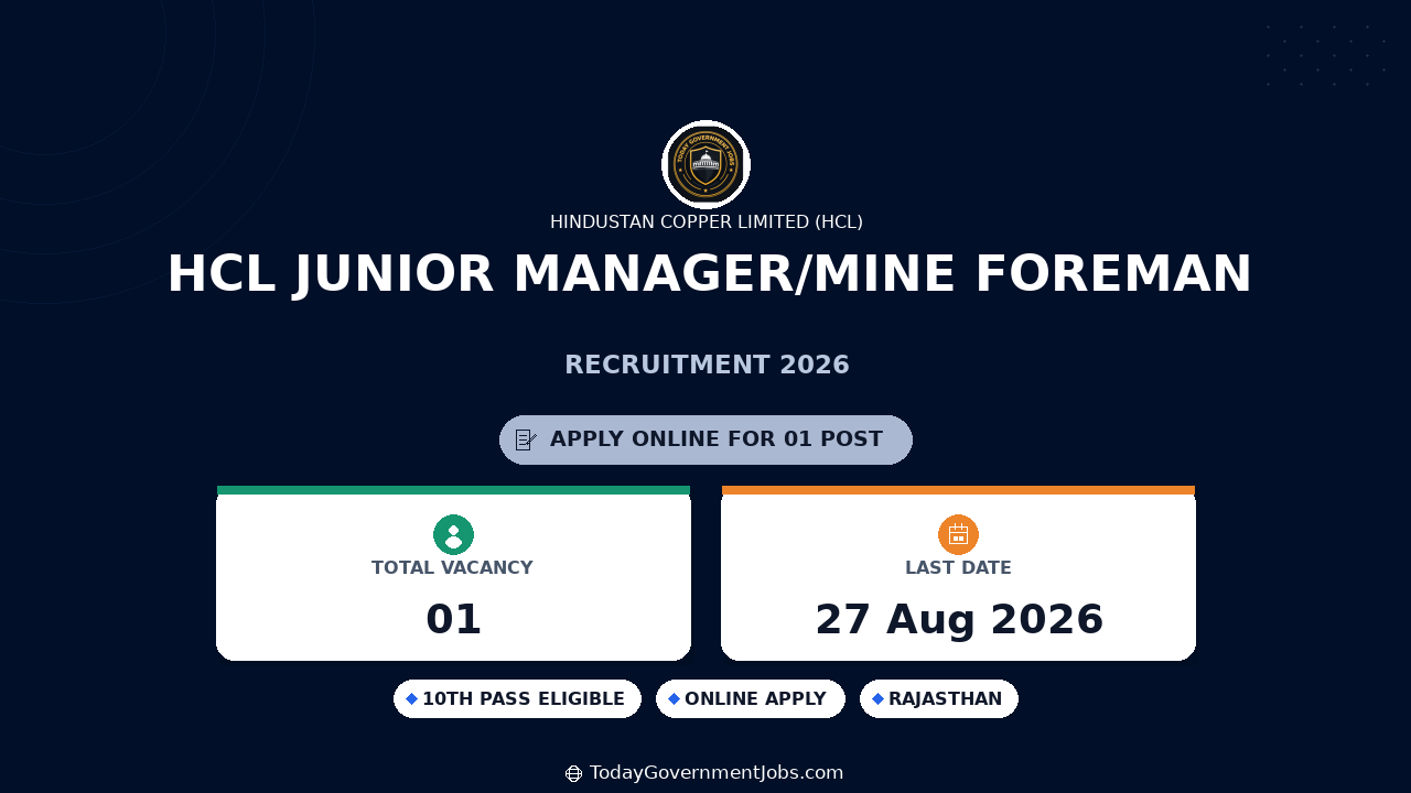 HCL Junior Manager/Mine Foreman Recruitment 2026