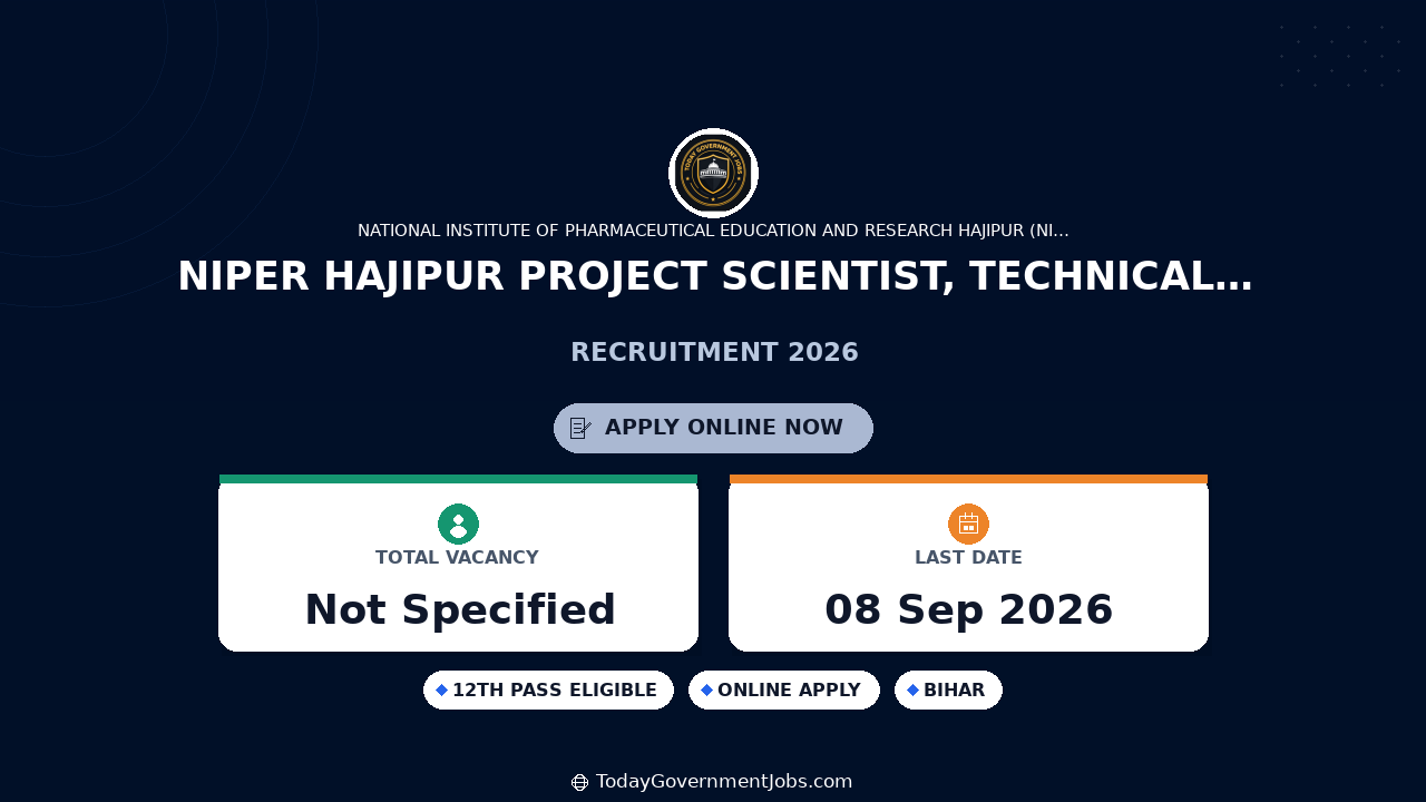 NIPER Hajipur Project Scientist, Technical Support Recruitment 2026