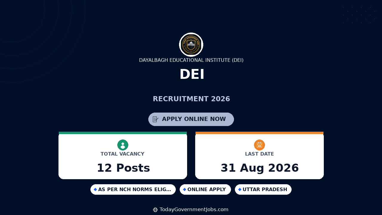 DEI Recruitment 2026: Faculty & Yoga Instructor Jobs