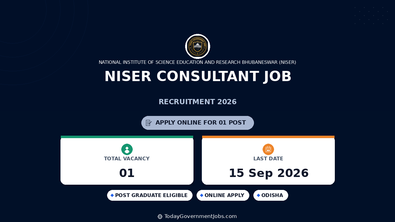 NISER Consultant Job 2026: Apply by 15 Sep