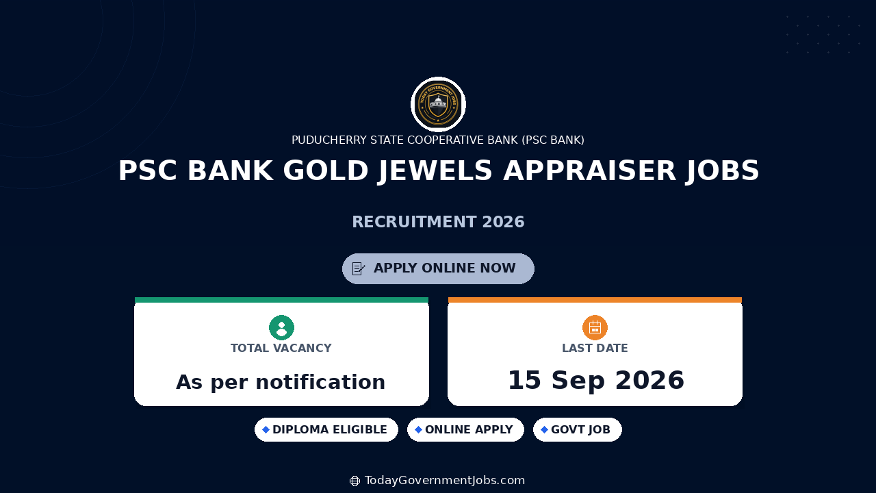 PSC Bank Gold Jewels Appraiser Jobs 2026: Apply Offline