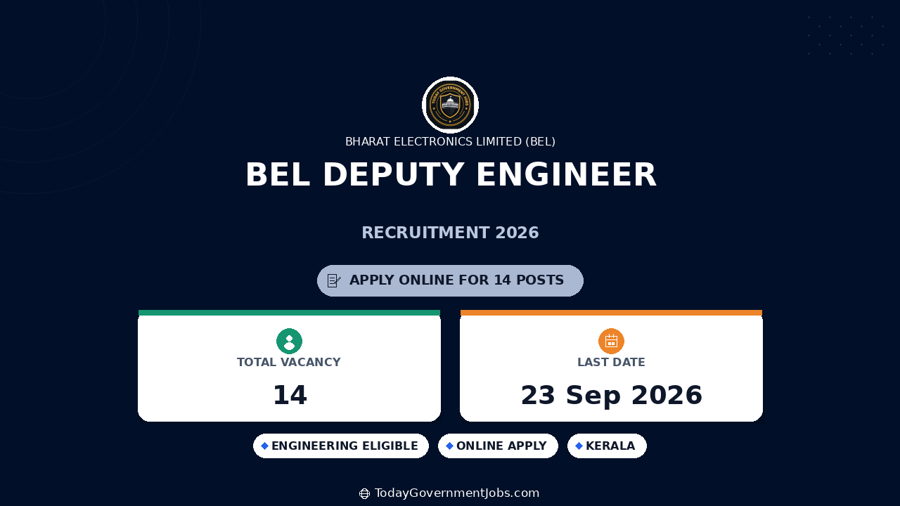 BEL Deputy Engineer Recruitment 2026: 14 Posts