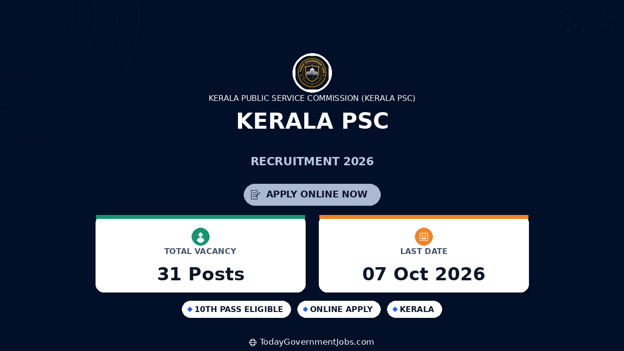 Kerala PSC Recruitment 2026: 31 Posts - Apply Online