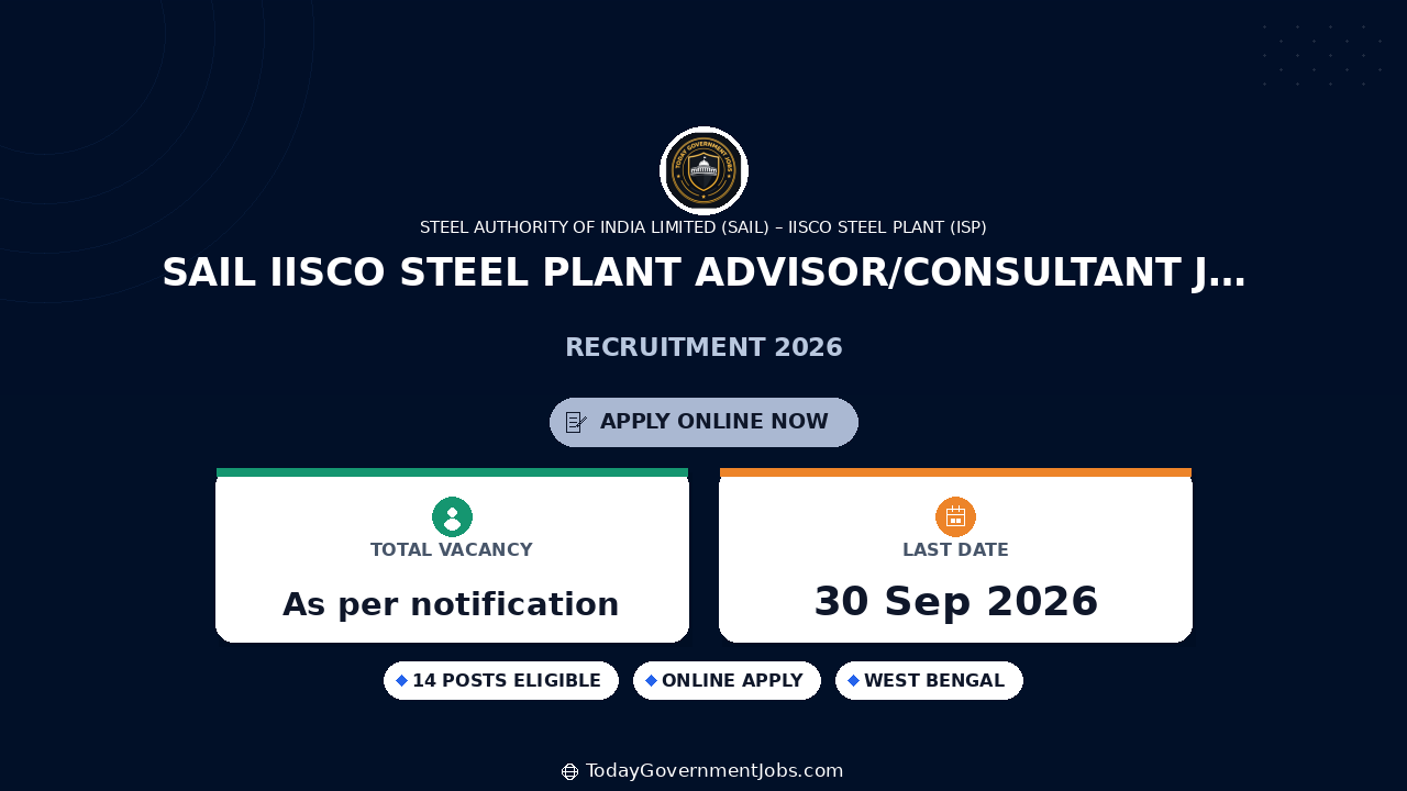 SAIL IISCO Steel Plant Advisor/Consultant Jobs 2026